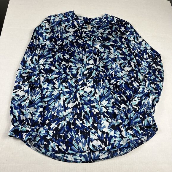 Anne Klein Abstract Print Blouse L Blue Black White Flowy Modern Chic Work Top - Picture 1 of 11